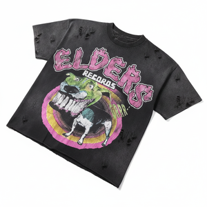 T-shirt en coton noir surdimensionné pour homme Elders Records avec imprimé graphique chien, col rond, manches courtes, style streetwear, coupe jersey - Product Image 4