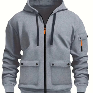 Men's <b>Navy</b> Blue Hooded Zip-Up <b>Sweatshirt</b> Regular Fit Solid Color Casual French Terry Pocket Design Autumn Wear - Product Image 5