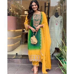 DESIGNER CHINON EMBROIDERY SEQUENCE WORK <b>TOP</b> PANT with DUPATTA YELLOW - Product Image 1