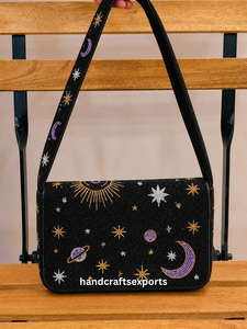 Bolso de Hombro Bohemio de Lujo Hecho a Mano con Cuentas, Patrón de Ojo Cósmico, Luna y Estrellas, Moderno, a la Moda, de Alta Calidad, Resistente y Portátil - Product Image 3