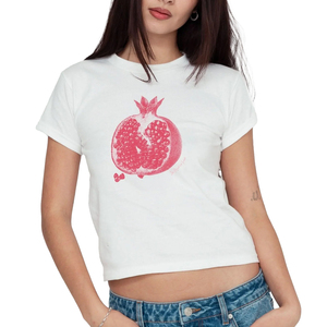 T-shirt blanc pour femme, coupe courte, imprimé grenade, manches courtes, col rond, jersey de coton, coupe décontractée, taille normale - Product Image 1