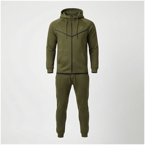 Ensemble de survêtement à capuche vert olive pour homme, manches longues, fermeture éclair sur le devant, couleur unie, respirant, décontracté, pour l'automne, coupe classique - Product Image 1