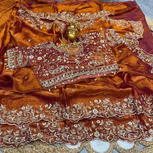 Indian Ethnic Beautiful and Elegant <b>Saree</b> with Embroidery Work for Partywear and Wedding Occasion for Women Fancy Trendy Outfit - Product Image 6