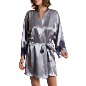 Women Satin Robe Mandarin Collar Solid Color Gray <b>Lace</b> Trim Elegant Sleepwear Shorts Length <b>Elastic</b> Waist Closure 420g - Product Image 1