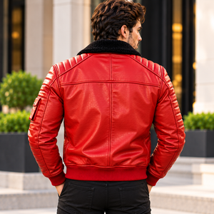 Blouson de moto en cuir rouge pour homme avec col en fourrure de mouton, manches rembourrées, vêtement de motard haut de gamme - Product Image 2