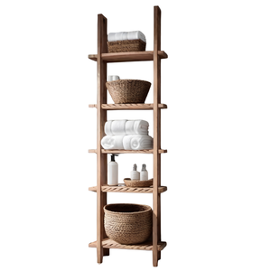 <b>Rustic</b> Teak Wood Bathroom Storage Rack with Multi Tier Slatted Shelves - Product Image 1