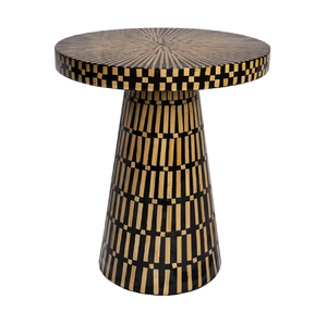 Mesa-taburete con pedestal con incrustaciones de hueso y diseño de hojas en blanco y negro, adornada con una banda de latón, disponible a precios de mayorista. - Product Image 2