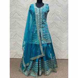 DISEÑADOR MONO SECUENCIA DE BORDADO DE SECUENCIA TOP DE TRABAJO PALAZZO CON DUPATTA SKY - Product Image 1