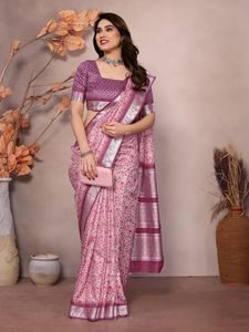 Sari indio de viscosa Khadi con estampado digital y bordes tejidos, ropa tradicional india, vestimenta étnica para bodas. - Product Image 4