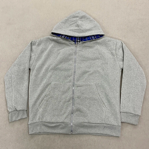 Sweat-shirt à capuche gris surdimensionné pour homme, style décontracté, doublure en polaire à carreaux - Product Image 3