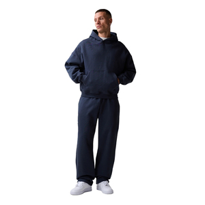 Men's Navy Blue Hooded <b>Tracksuit</b> Set Full Length Loose Fit Cotton Sweatshirt Pants Casual Autumn Wear Solid Color Side Pockets - Product Image 1