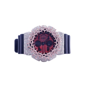 Montre exclusive en moissanite et diamant avec boîtier en argent sterling, cadran analogique demi-trône glacé, verre, bracelet en caoutchouc bleu 20 mm - Product Image 2