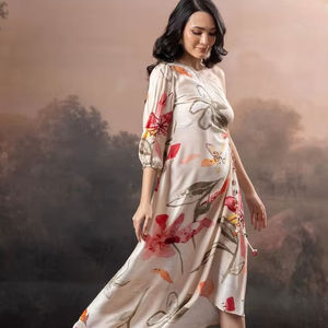 Vestido Midi sin Mangas Hecho a Mano para Mujer, Vestido de Fiesta y Noche con Estampado Floral de Gasa Ecológica y Cintura Natural, 100% Poliéster, 500 Gramos - Product Image 1