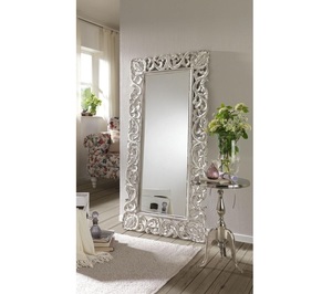 Luxury Handcrafted Solid Wood Floor <b>Mirror</b> Frame Ornate Royal Floral Scroll Carving Silver Finish - Product Image 1