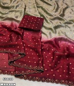 Sari en soie douce à double teinte avec broderie et bordure festonnée, motif Butti tissé - Product Image 4