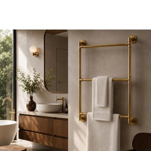 Porte-serviettes mural double niveau en laiton traditionnel, forme rectangulaire, support de rangement pour salle de bain, finition noire, rotatif et coulissant - Product Image 1
