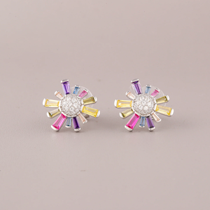 Flower Shape <b>Stud</b> Earrings with Multicolor Diamond Rhodium Plated Luxury Unisex Trendy Everyday Wear Jewelry - Product Image 2