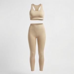 Conjunto de Yoga sin Costuras para Mujer, Top Deportivo Beige con Espalda Cruzada y Leggings de Cintura Alta, Conjunto de 2 Piezas para Gimnasio - Product Image 1