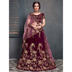 Purple Embroidered Velvet <b>Wedding</b> Lehenga Choli for Bride with Pearls and Sweetheart Neckline - Product Image 1