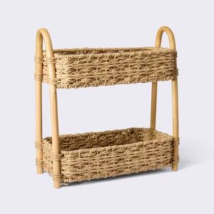 OEM ODM Organizer Stand Natural Wicker Storage Rack Eco Friendly Two Tier Basket <b>Shelf</b> <b>Rustic</b> Elegant Home Storage Furniture - Product Image 5
