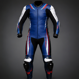 Combinaison de moto pour homme en PU bleu, blanc et rouge, coupe ajustée, imperméable, fermeture éclair, doublure en laine, streetwear, veste de motard - Product Image 1