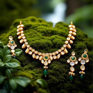 Ensemble de collier et boucles d'oreilles Kundan plaqué or 24 carats - NS498 GREEN, bijoux de mariée raffinés pour occasions spéciales - Product Image 3