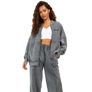 Ensemble de survêtement oversize zippé pour femme, veste décontractée et pantalon large à taille élastique avec poches, tenue décontractée deux pièces pour la détente, vente en gros - Product Image 3