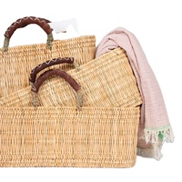 Handgewebte marokkanische Korbtasche mit Ledergriffen, Bohemian Vintage Damenmode, für alle Jahreszeiten, Sommer, Einkaufen, Picknick, Strand