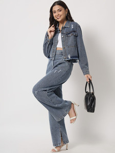 Distressed Denim Two-Piece Co-Ords <b>Set</b> Button Up Jacket & High Waist Wide Leg Pants <b>Sets</b> Casual Streetwear Fashion Jean Outfits - Product Image 5