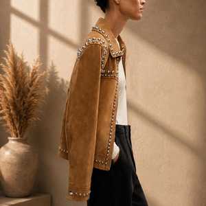 Warm Tan Brown Suede Leather Jacket <b>for</b> Women, <b>Studded</b> Fitted Suede Jacket, Brown Jacket, Embellished Leather Jacket - Product Image 5