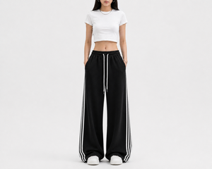 Pantalon large pour femme à rayures latérales, taille élastique avec cordon de serrage, style sportif décontracté, coupe ample, bas de tenue athleisure urbaine - Product Image 2