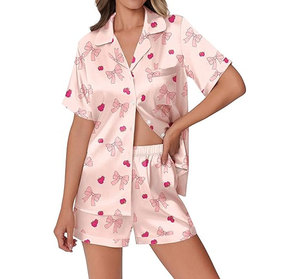 Ensemble de pyjama en satin pour femmes, manches courtes, imprimé panda, col rabattu, fermeture à boutons, vêtements de nuit d'été, vêtements décontractés - Product Image 5