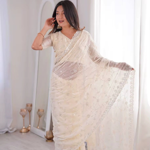 Sari de Seda Organza Pura con Bordado de Diamantes, Diseño Exclusivo, Tradicional, para Fiestas, Último Diseño para Adultos - Product Image 1