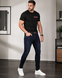 Jean en denim noir coupe droite pour homme, taille mi-haute, en coton lavé, style formel, respirant, léger, idéal pour l'été, pas cher - Product Image 2