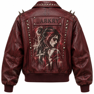 Maroon <b>Women</b> Genuine <b>Leather</b> Oversized <b>Bomber</b> <b>Jacket</b> Custom Graphic Printed Studded Edge Outerwear OEM Factory Provider - Product Image 2