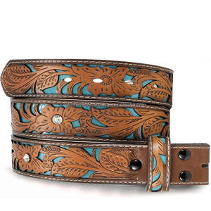 Cinturón de herramientas de cuero occidental en relieve con diseño floral colorido tallado a mano personalizado para botón a presión unisex para hebilla - Product Image 4