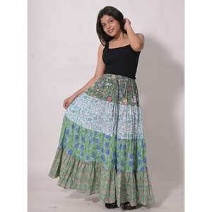 กระโปรงยาวลายดอกพิมพ์บล็อกผ้าฝ้ายสไตล์โบฮีเมียน งานแฮนด์เมด ซักได้ ดีไซน์จีบระบาย สำหรับผู้หญิง ใส่ในช่วงฤดูร้อน - Product Image 6