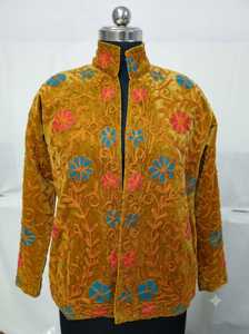 เสื้อแจ็คเก็ตปักลายซูซานีสำหรับผู้หญิง สีเหลืองมัสตาร์ด ลายดอกไม้ สไตล์โบโฮ คอจีน ทำมือ เสื้อผ้าทอแบบเอเชียกลาง เสื้อคลุมแบบดั้งเดิม - Product Image 6
