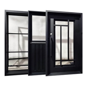 Porte d'entrée contemporaine en fer forgé avec panneaux de verre géométriques et un design résistant à la rouille, adaptée à une utilisation extérieure - Product Image 4