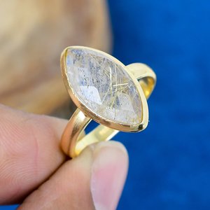 Natural Golden Rutile Gemstone Marquise Shape <b>Ring</b> 18k Gold Micron Over <b>925</b> Sterling <b>Silver</b> - Product Image 1