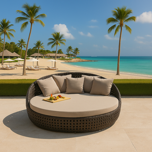 Chaise longue ronde en rotin moderne pour l'extérieur avec coussins moelleux, mobilier de patio durable et imperméable pour cour, hôtel, parc et jardin - Product Image 3