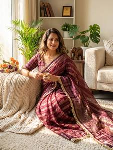 Premium Trending Stretchable Ankle-Length Saree Soft <b>Tissue</b> Silk Weaving Sequins Ribbon Fancy Lace Border Party Reversible - Product Image 3