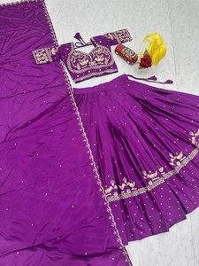 Conjunto de Lehenga Choli de Seda Vichitra Morada Bordada con Lentejuelas y Dupatta, Traje Tradicional para Bodas y Fiestas para Mujer - Product Image 6