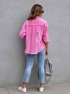 Venta al por mayor de fábrica: Chaqueta de mezclilla desgastada de manga larga de color liso para mujer, estilo otoñal. - Product Image 2