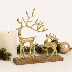 Figura Decorativa de Reno y Cachorro en Metal Texturizado Dorado Antiguo, Adorno Duradero para Chimenea Navideña, Decoración para Sala de Estar - Product Image 4