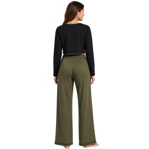 Conjunto de Salón para Mujer Negro y Verde Oliva del Fabricante: Cárdigan Corto de Manga Larga y Pantalones de Pijama de Pierna Ancha, Ropa de Dormir de Punto Suave, Prendas OEM - Product Image 2