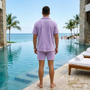 Ensemble de luxe personnalisé pour homme en tissu éponge d'été, coton molletonné épais respirant, chemise à manches courtes boutonnée et short assorti - Product Image 5