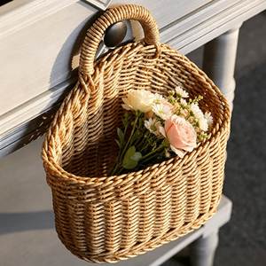 Panier mural en rotin avec poignées pour la décoration de la maison, panier de rangement de style nordique, pot de plante rond fait à la main - Product Image 5