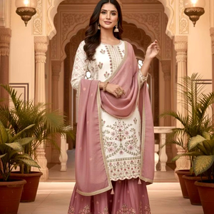 Conjunto Sharara Gharara Kurti Étnico Indio-Pakistaní para Mujer, Bordado Personalizable, Tela de Seda Pura, Secado Rápido, para Fiestas - Product Image 1