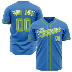 Maillot de baseball personnalisé pour homme, bleu avec bordure verte, manches courtes, col en V, tissu respirant, vêtements de sport d'équipe avec impression de numéro et de nom - Product Image 1